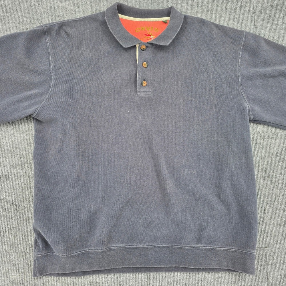 Orvis Mens Large Faded Navy Blue 100% Cotton Long Sleeve Polo Sweatshirt Heavy - Picture 2 of 6